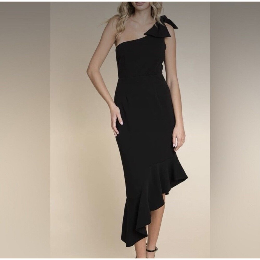 Saints + Secrets Black Asymmetrical One Shoulder Bow Cocktail Dress Size M